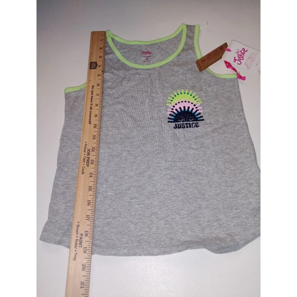 Justice Girls Grey Tank with Neon Lime Trim and Rainbow Logo New Size M 10
